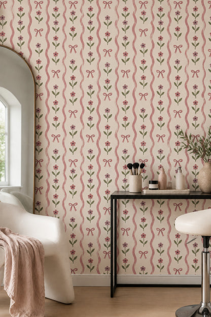 Pink Bow Floral Wallpaper Wavy Striped Cream Background