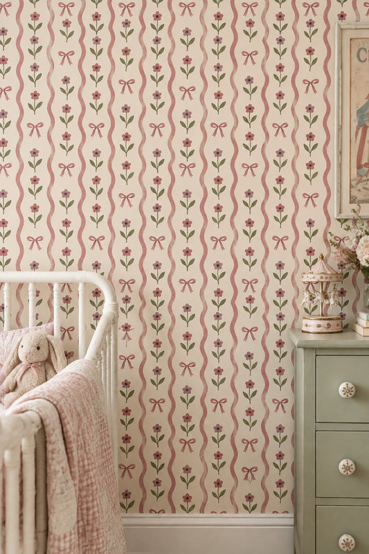 Pink Bow Floral Wallpaper Wavy Striped Cream Background
