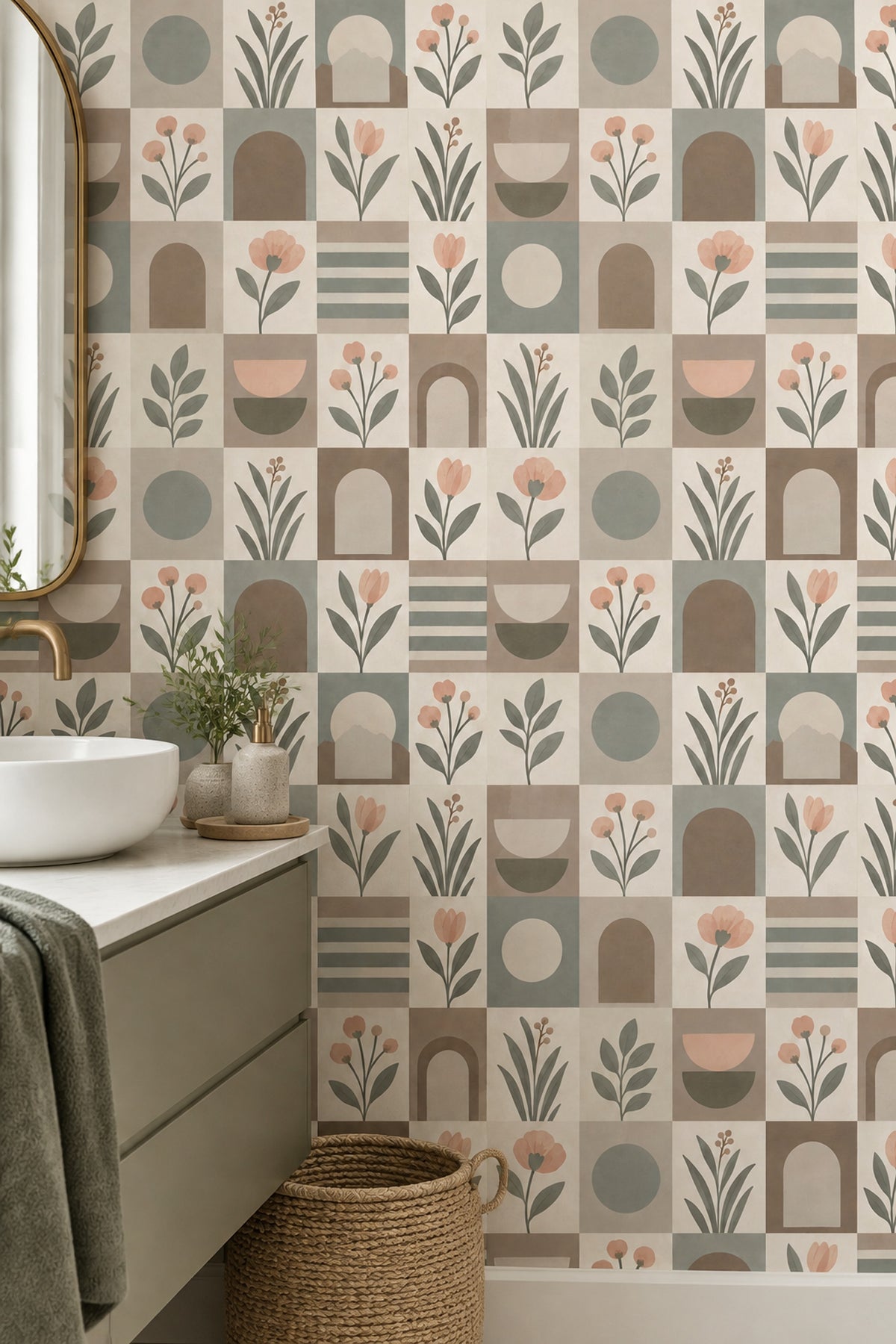 Botanical Arches Wallpaper Geometric Sage Green Beige