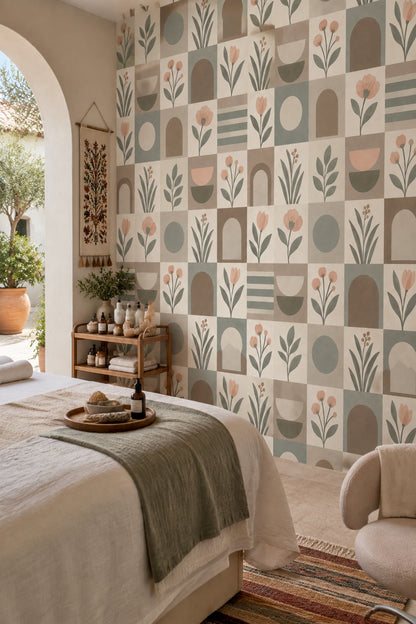 Botanical Arches Wallpaper Geometric Sage Green Beige