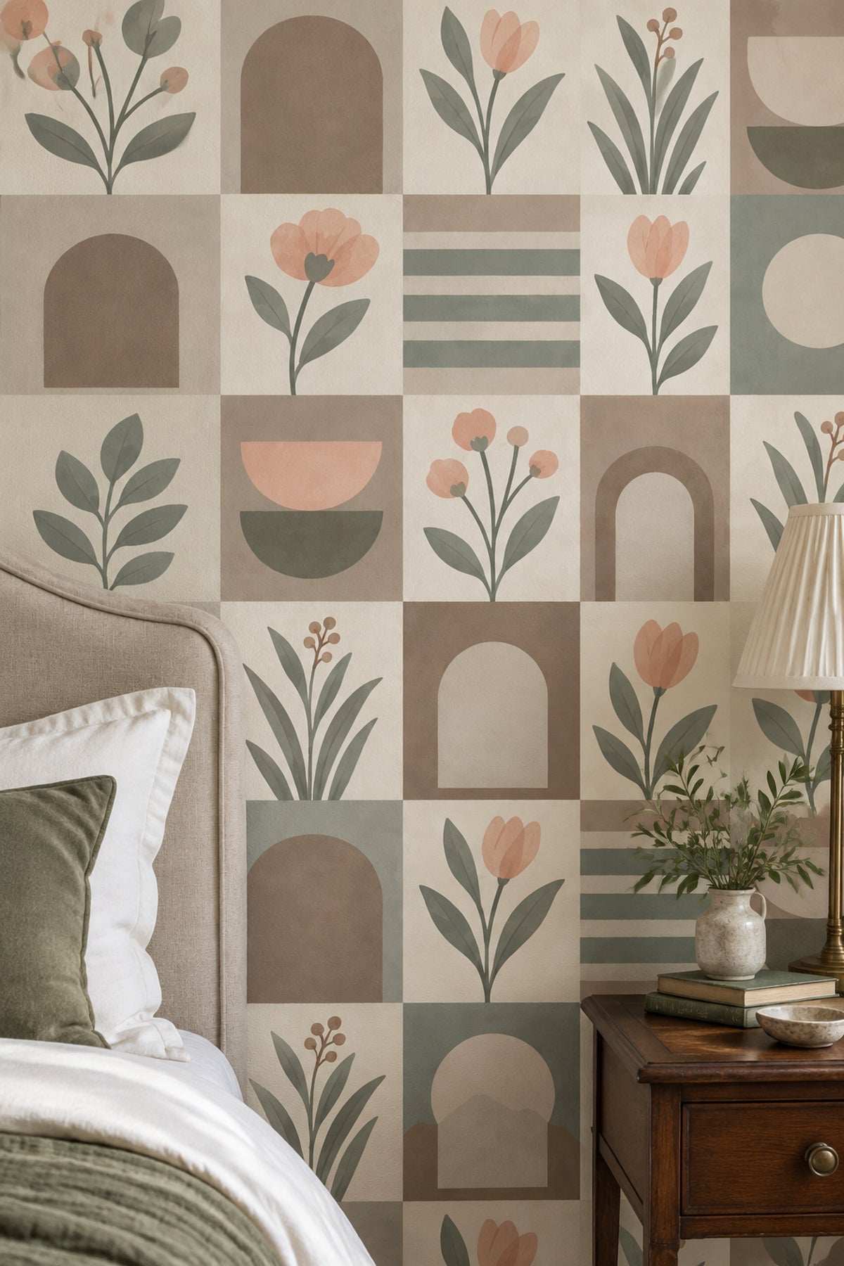Botanical Arches Wallpaper Geometric Sage Green Beige
