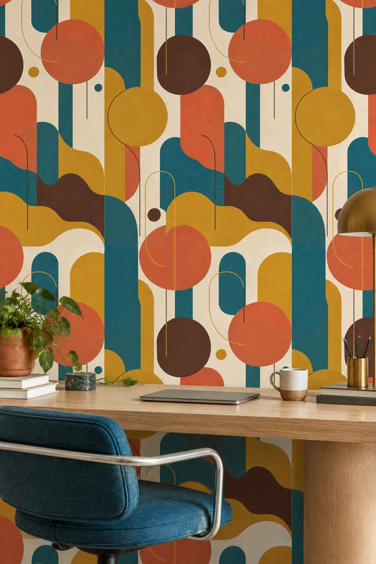Geometric Shapes Wallpaper Mid Century Modern Teal Mustard Terracotta