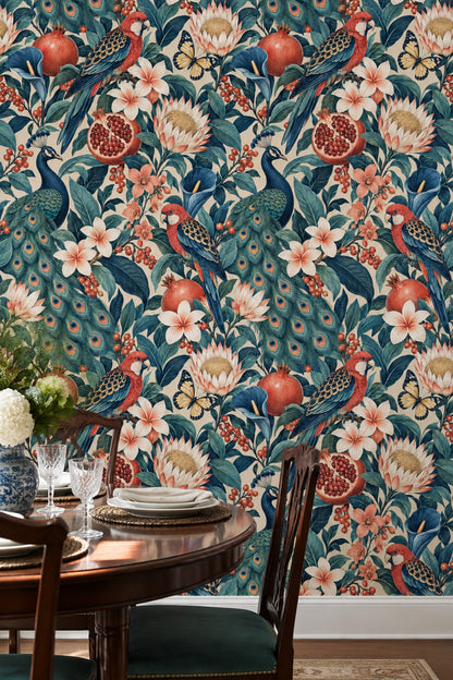 Peacock And Parrot Wallpaper Vintage Tropical Botanical Pattern