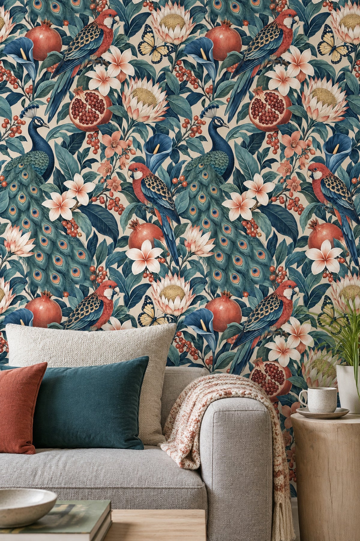 Peacock And Parrot Wallpaper Vintage Tropical Botanical Pattern