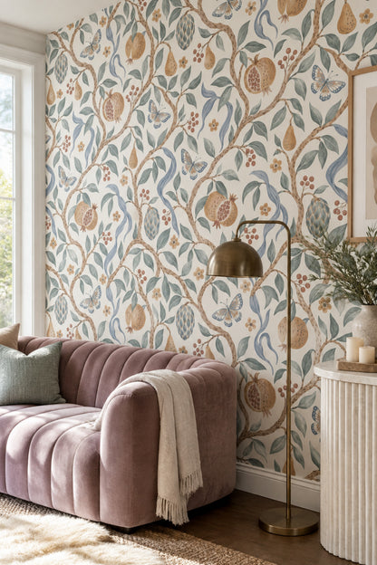 Pomegranate Botanical Wallpaper Watercolor Vine On Ivory Background