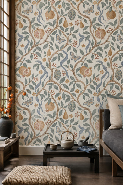 Pomegranate Botanical Wallpaper Watercolor Vine On Ivory Background