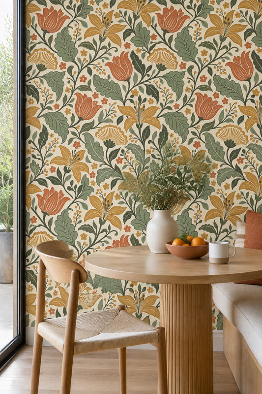 Large Floral Wallpaper Vintage Folk Art On Cream Background
