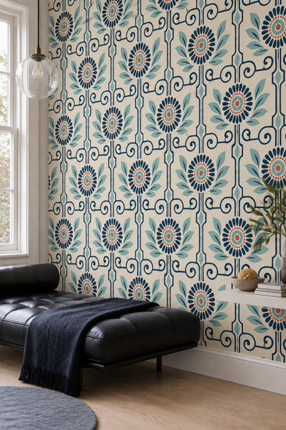 Mediterranean Floral Wallpaper Navy Scrollwork On Cream