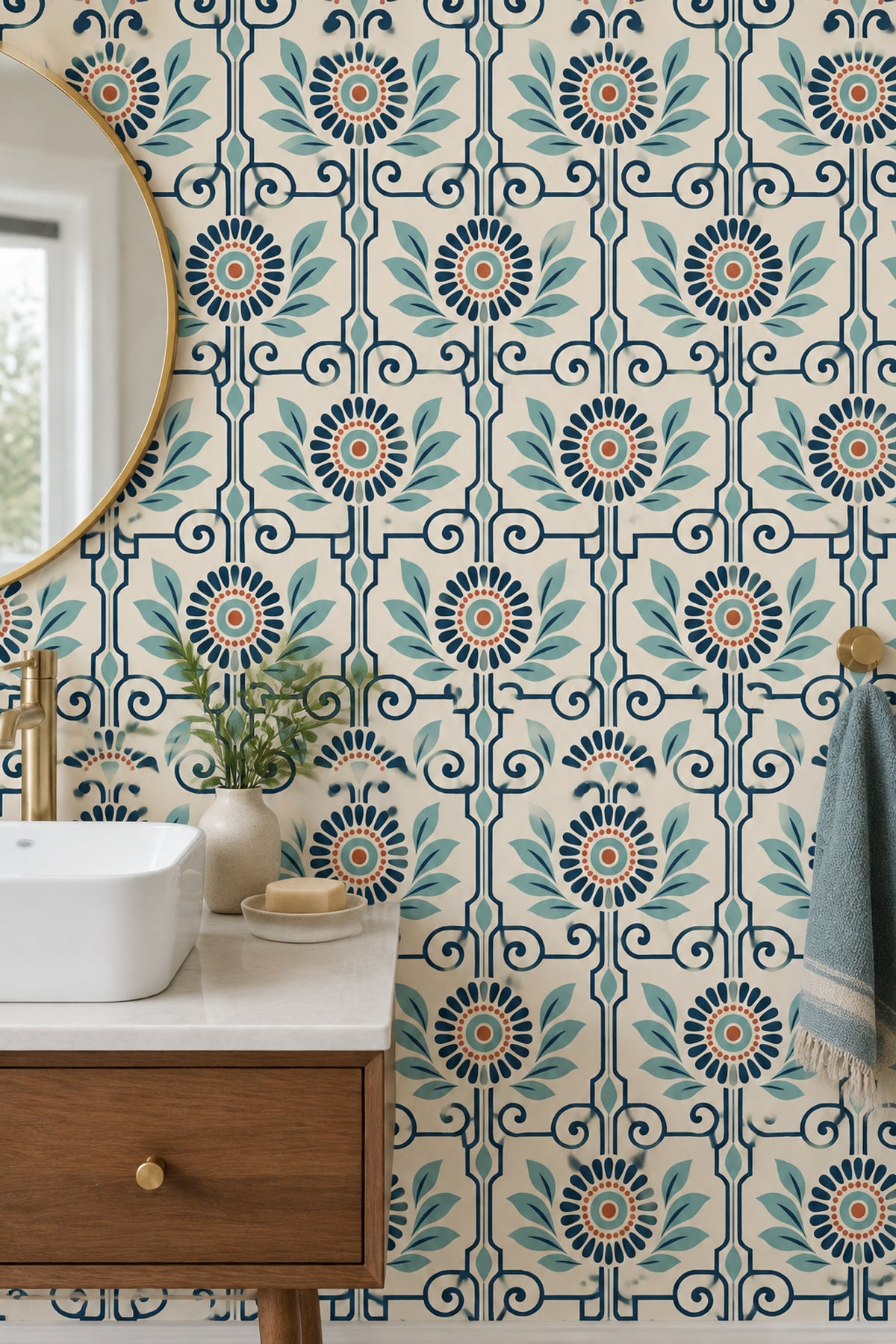 Mediterranean Floral Wallpaper Navy Scrollwork On Cream