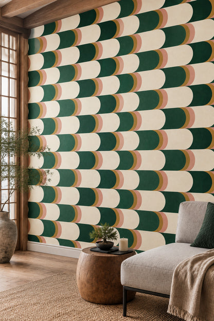 Geometric Capsule Blocks Wallpaper Emerald Green Cream Mid Century Modern