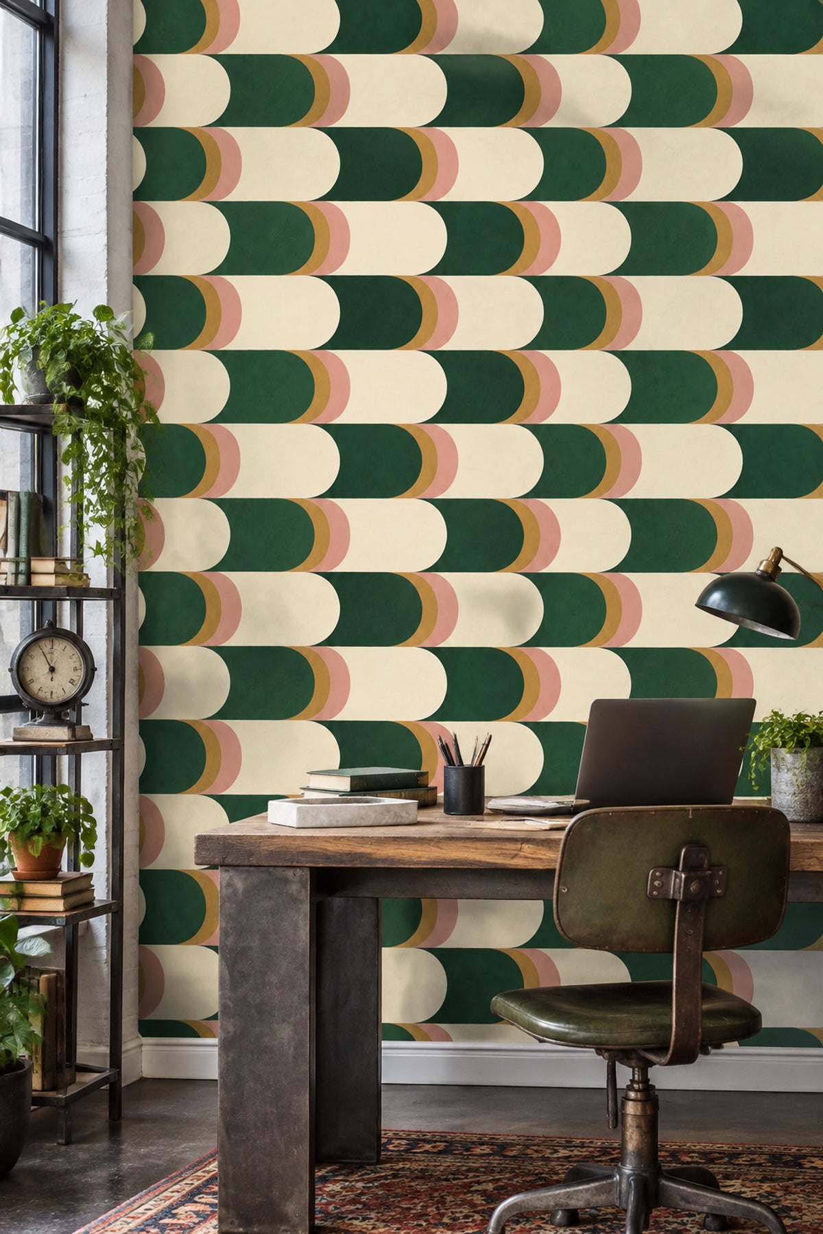 Geometric Capsule Blocks Wallpaper Emerald Green Cream Mid Century Modern