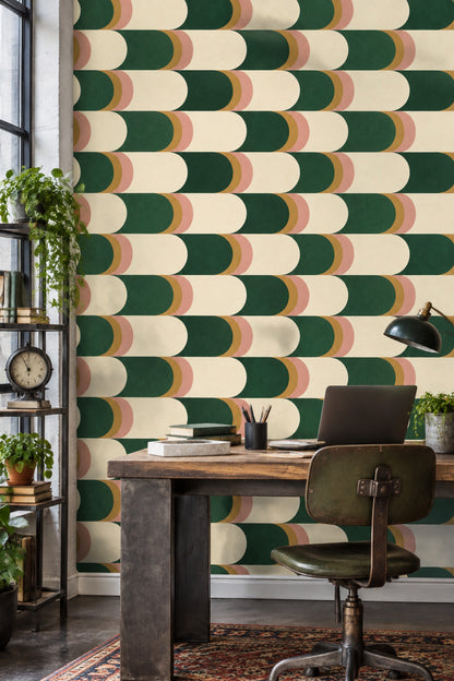Geometric Capsule Blocks Wallpaper Emerald Green Cream Mid Century Modern