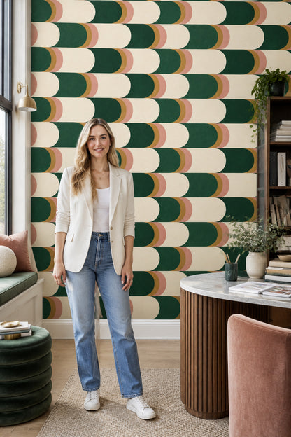 Geometric Capsule Blocks Wallpaper Emerald Green Cream Mid Century Modern