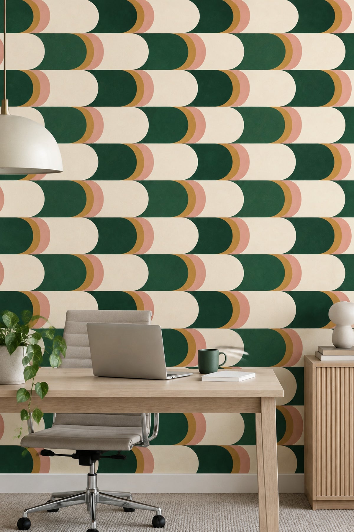 Geometric Capsule Blocks Wallpaper Emerald Green Cream Mid Century Modern