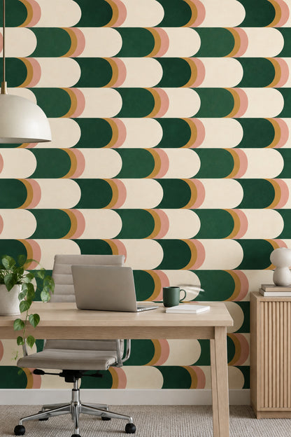 Geometric Capsule Blocks Wallpaper Emerald Green Cream Mid Century Modern