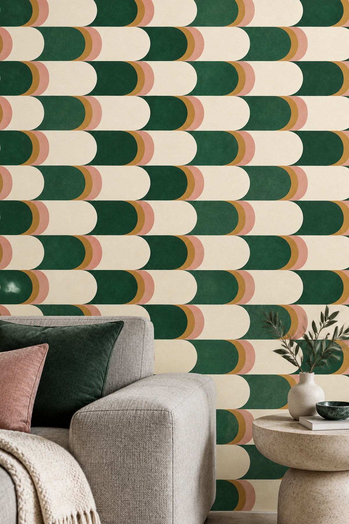 Geometric Capsule Blocks Wallpaper Emerald Green Cream Mid Century Modern