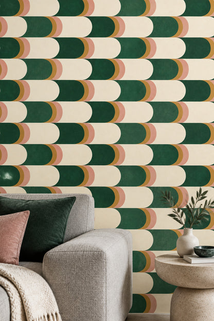 Geometric Capsule Blocks Wallpaper Emerald Green Cream Mid Century Modern
