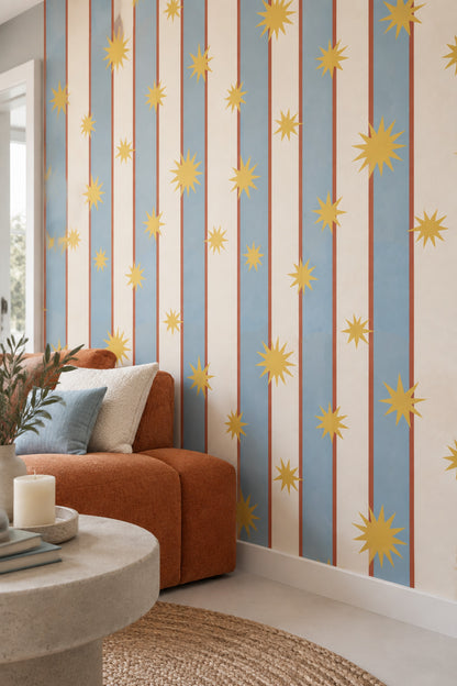 Star Stripe Wallpaper Mid Century Modern Blue Cream Panels