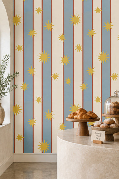 Star Stripe Wallpaper Mid Century Modern Blue Cream Panels