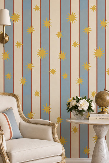 Star Stripe Wallpaper Mid Century Modern Blue Cream Panels