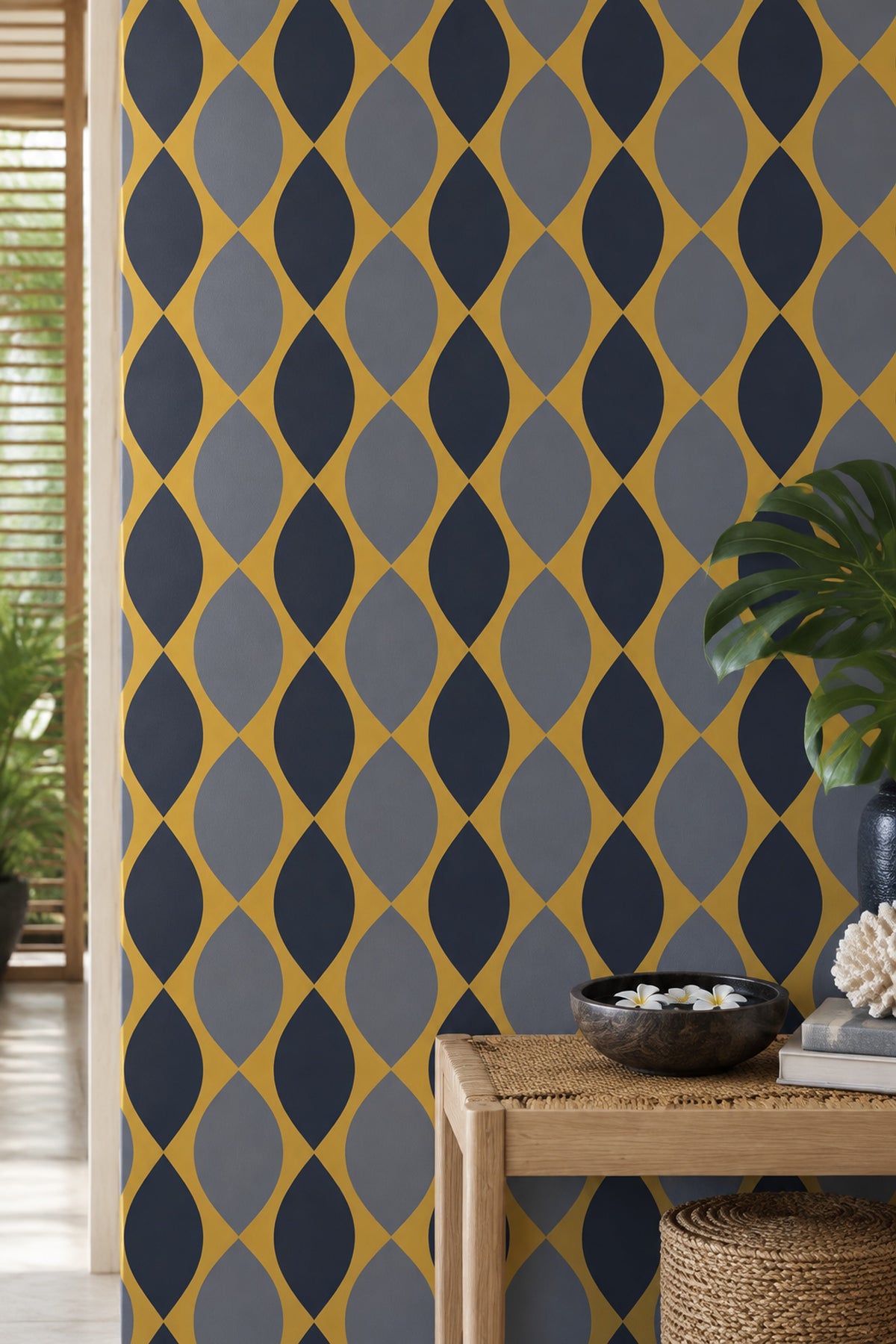 Ogee Leaf Wallpaper Mustard Yellow Navy Gray Mid Century Modern