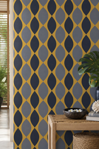 Ogee Leaf Wallpaper Mustard Yellow Navy Gray Mid Century Modern