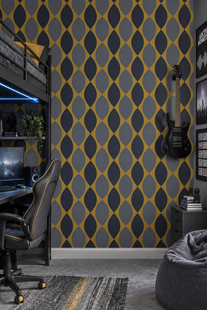 Ogee Leaf Wallpaper Mustard Yellow Navy Gray Mid Century Modern