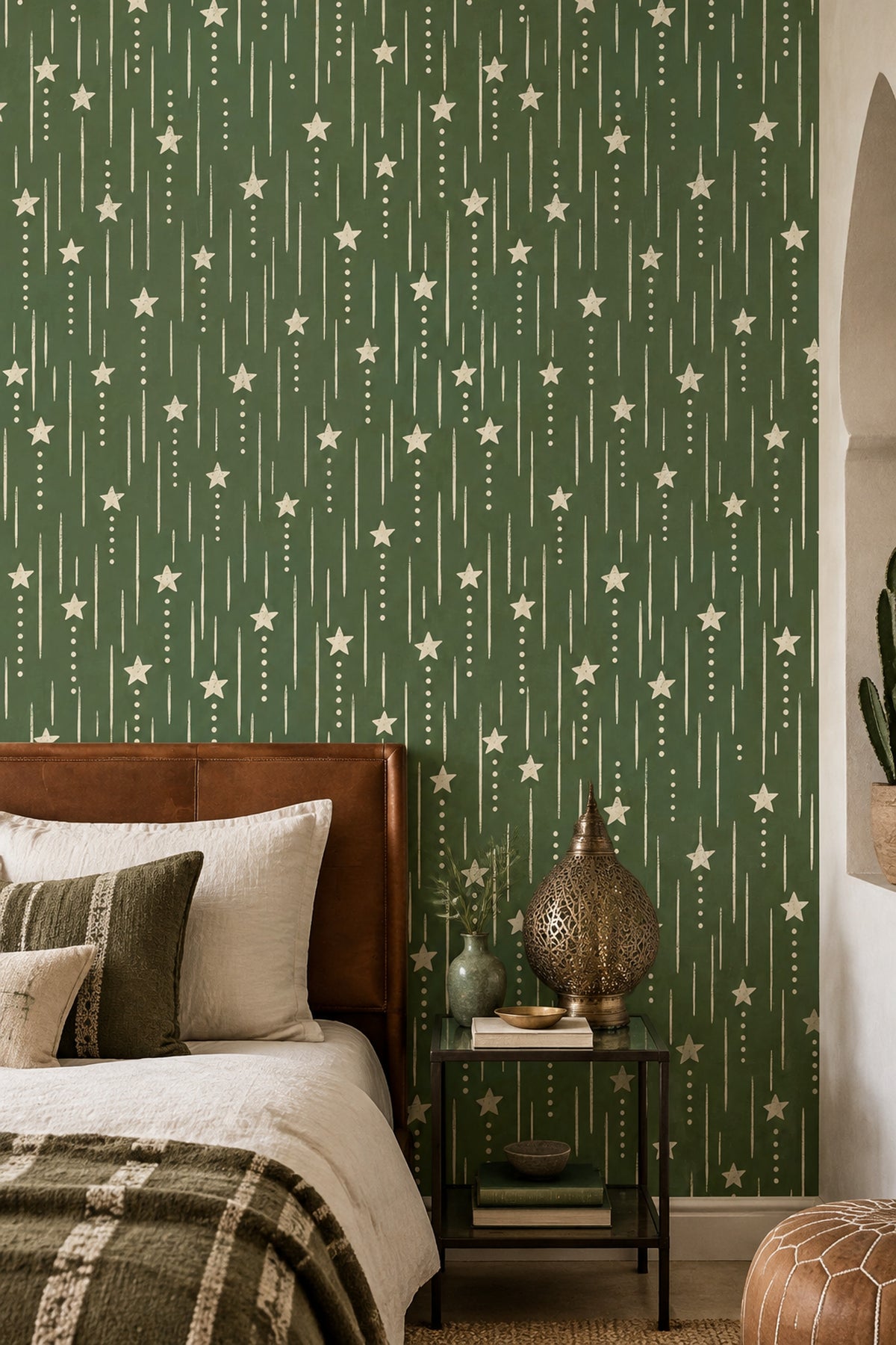 Cream Stars Wallpaper Olive Green Vertical Stripes