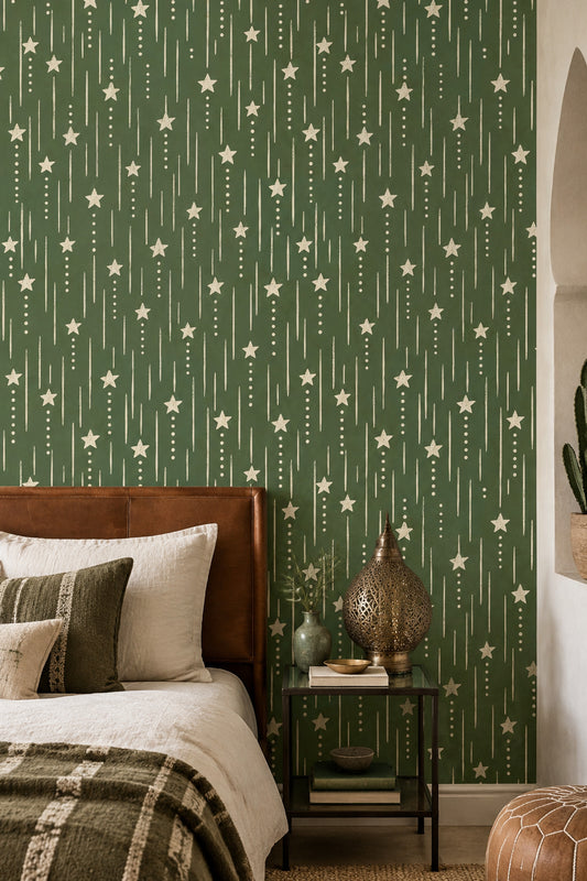 Cream Stars Wallpaper Olive Green Vertical Stripes