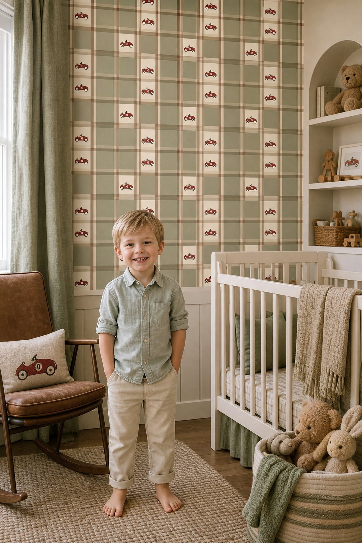 Vintage Race Car Wallpaper Plaid Checkered Cream And Sage Green