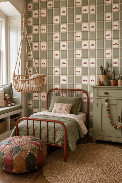 Vintage Race Car Wallpaper Plaid Checkered Cream And Sage Green