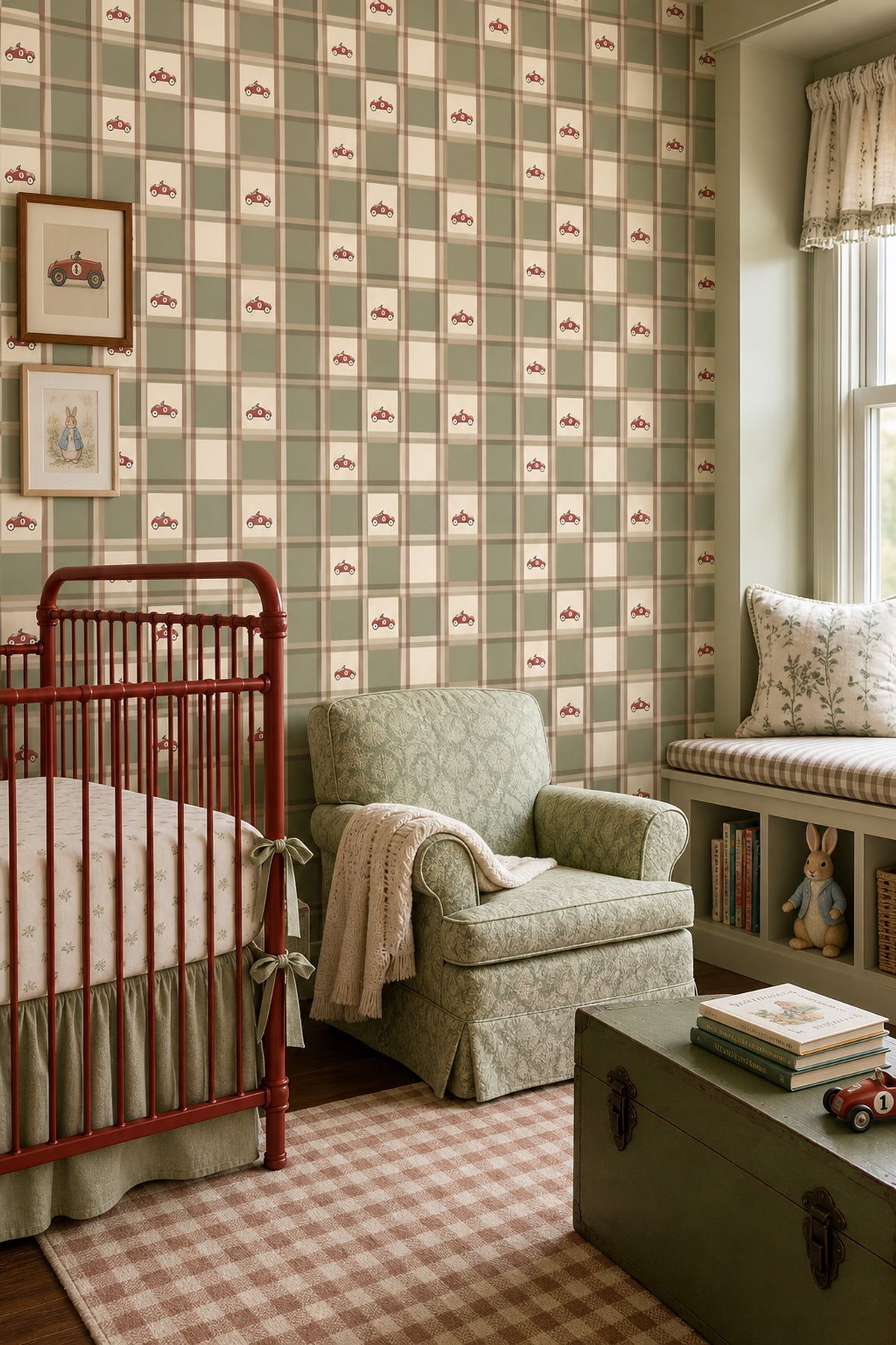 Vintage Race Car Wallpaper Plaid Checkered Cream And Sage Green