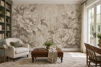 Sepia Peony Wallpaper Distressed Botanical Wall Mural