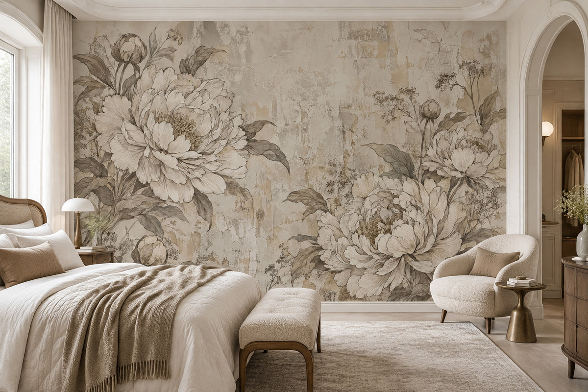Sepia Peony Wallpaper Distressed Botanical Wall Mural