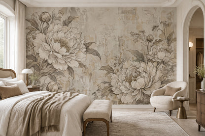 Sepia Peony Wallpaper Distressed Botanical Wall Mural