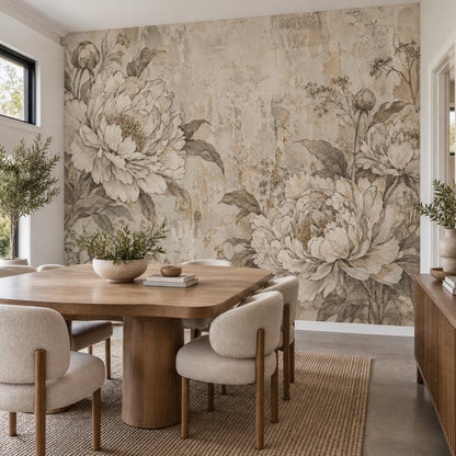 Sepia Peony Wallpaper Distressed Botanical Wall Mural