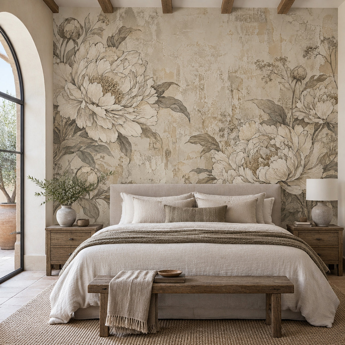 Sepia Peony Wallpaper Distressed Botanical Wall Mural