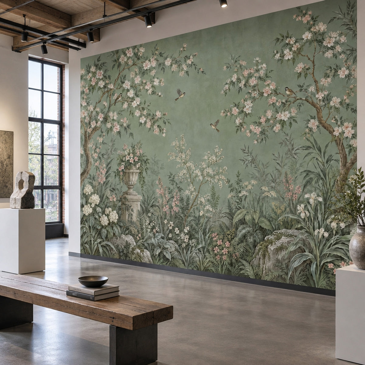 Chinoiserie Garden Birds Wallpaper Muted Green Wall Mural