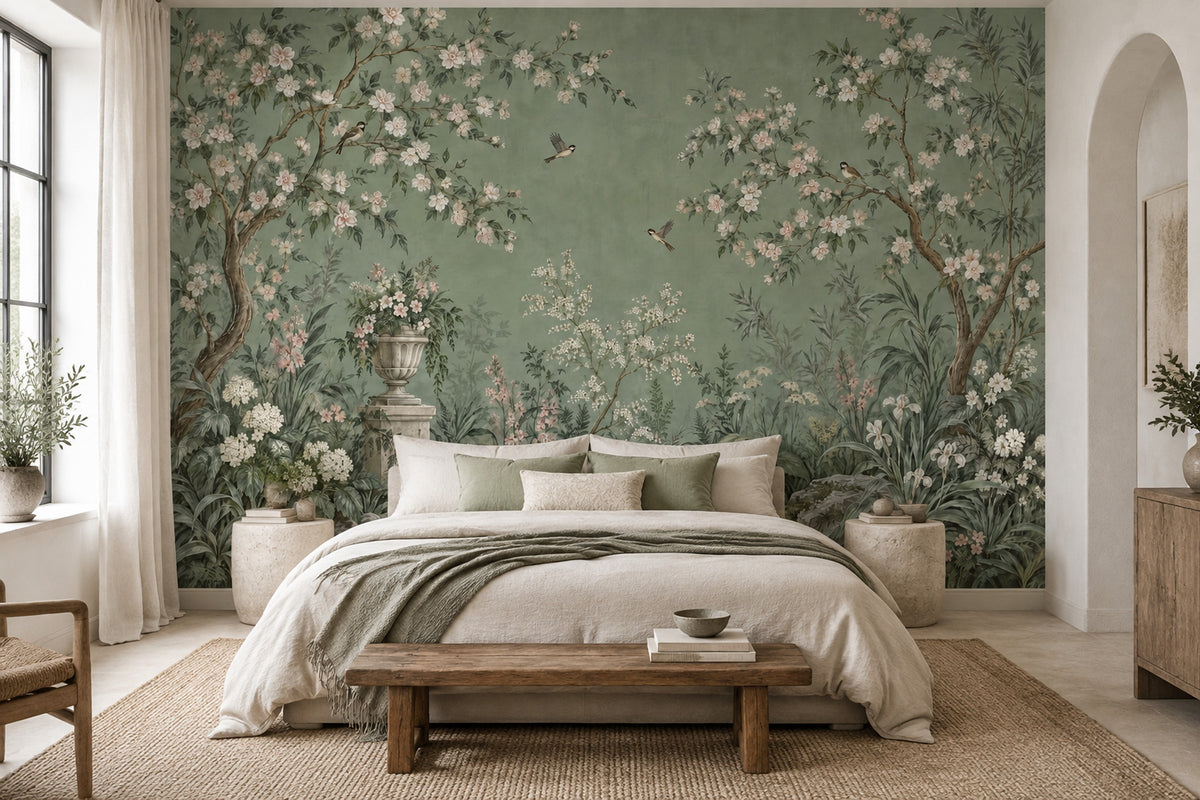 Chinoiserie Garden Birds Wallpaper Muted Green Wall Mural