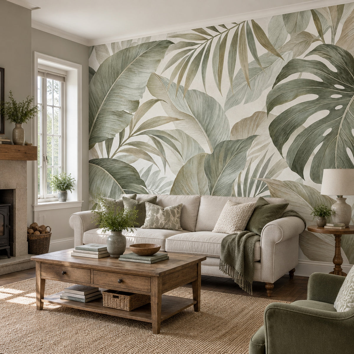 Tropical Leaves Wallpaper Sage Green Botanical Wall Mural
