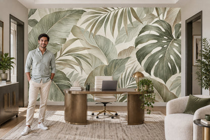 Tropical Leaves Wallpaper Sage Green Botanical Wall Mural