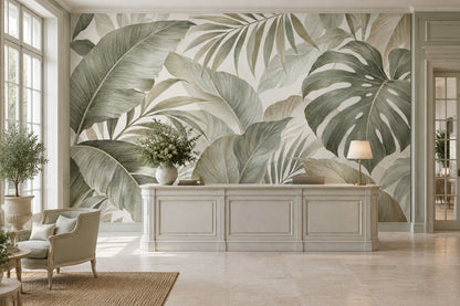 Tropical Leaves Wallpaper Sage Green Botanical Wall Mural