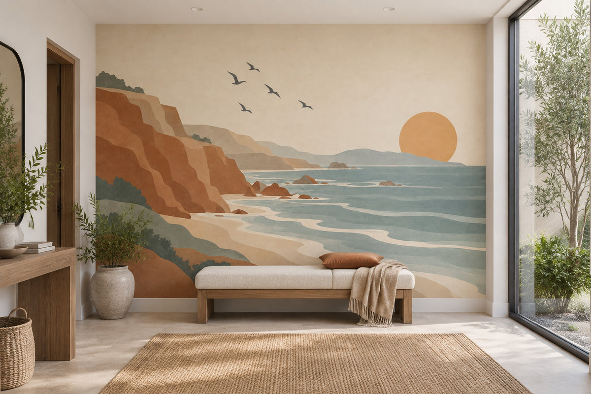 Coastal Cliffs Sunset Wallpaper Retro Landscape Wall Mural