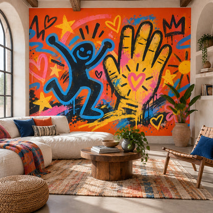 Smiling Character Graffiti Wallpaper Orange Background Street Art Wall Mural