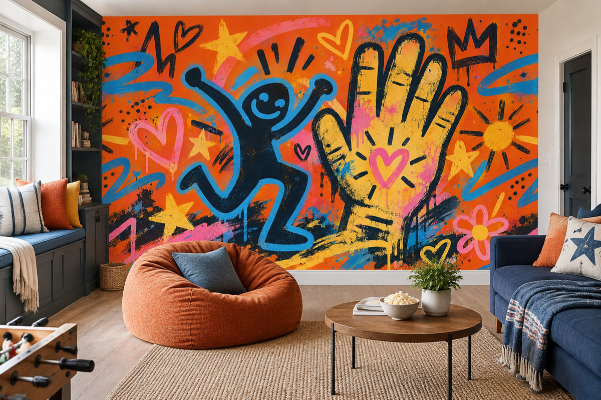Smiling Character Graffiti Wallpaper Orange Background Street Art Wall Mural