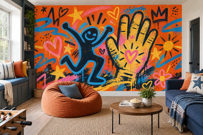 Smiling Character Graffiti Wallpaper Orange Background Street Art Wall Mural
