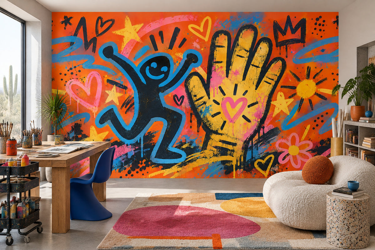 Smiling Character Graffiti Wallpaper Orange Background Street Art Wall Mural