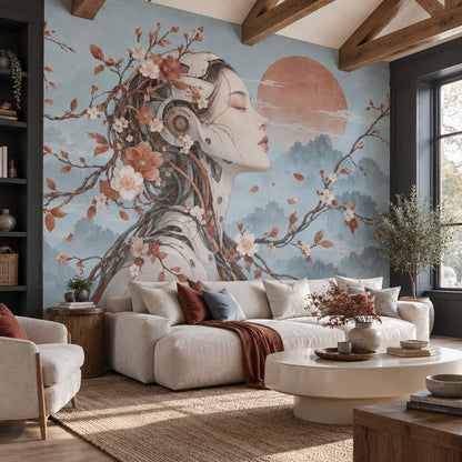 Cyborg Woman Portrait Wallpaper Red Sun Landscape Wall Mural