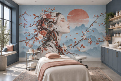 Cyborg Woman Portrait Wallpaper Red Sun Landscape Wall Mural