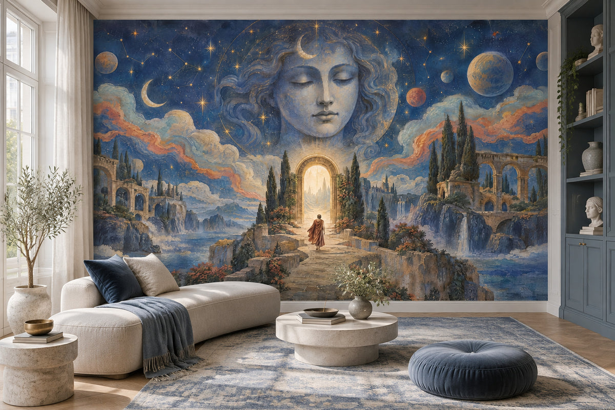Celestial Woman Face Wallpaper Starry Night Wall Mural